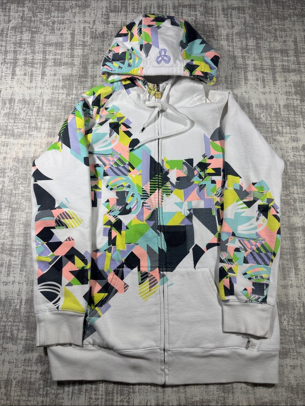 TNA Womens White Zip Hoodie w/ Multicolor Geometric Print SZ XL 27X20PTP Read